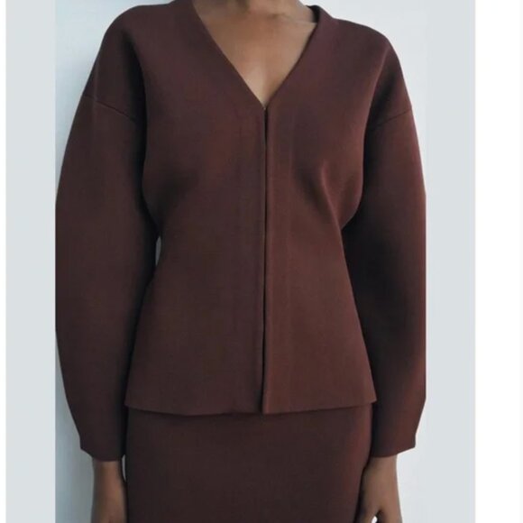NWT  Zara FITTED WAIST PLAIN KNIT CARDIGAN Choclate Brown Bloggers Fave Small - Picture 3 of 13